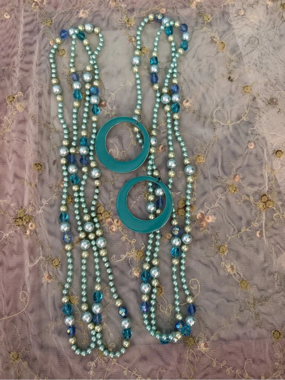 Layered Seafoam and Aqua Pearl Necklace Set with Matching Hoop Earring